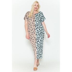 Leopard Front Slit Dolman Sleeve Maxi Dress Plus Size 2X